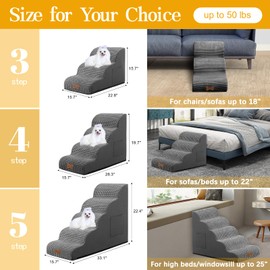 Dog Stairs for Small Dogs, Wide Pet Step with Removable Cover, No Assembly High Density Foam Cat Ramp for Bed or Sofa, 4-Step, Dark Grey