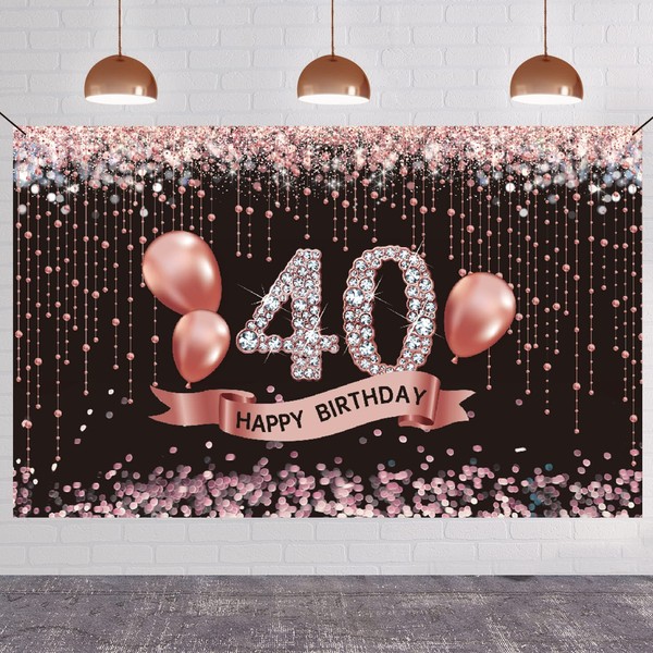 DARUNAXY Rose Gold 40th Birthday Party Decorations, 40th Birthday Banner