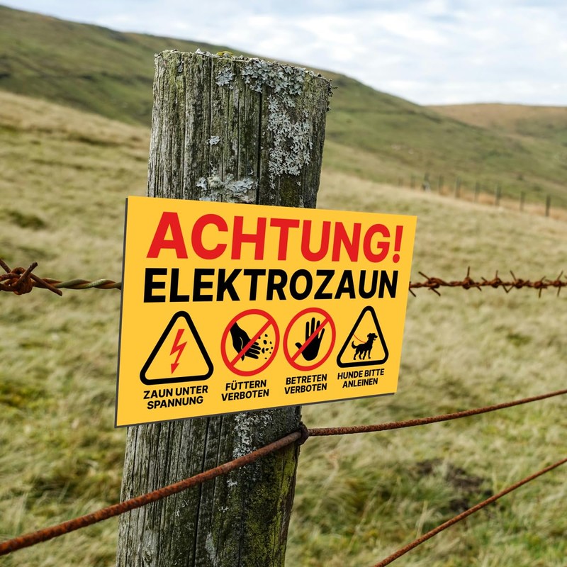 Pasture fence sign, warning sign, electric fence, feeding prohibited and