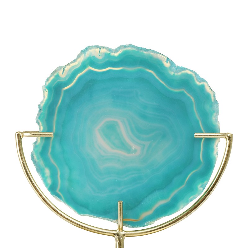 Decorative Agate Slice Accent on Metal Stand, Marbled Turquoise