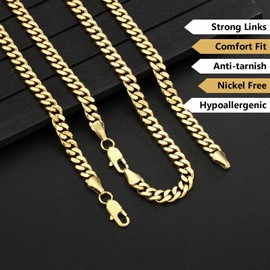 KRKC&CO Men's Necklace, 5/7/8/9/10 mm Men's Stainless Steel Curb Chain with Diamond Cut, 14K Gold-Plated Cuban Chain Gold Chain, Nickel-Free Silver Chain, Birthday Gift, Length 46-66 cm, Stainless