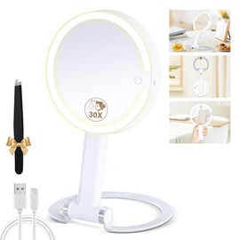 MOMOKUBA Magnifying Mirror with Light 30X/1X, Lighted Makeup Mirror with Magnification, Make Up Mirrors Stand Up Double Sided, Magnified Travel Mirror with Lights, Rechargeable 3 Color Dimmable