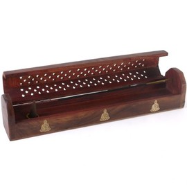Quality Wooden & Brass Triple Buddha Incense Stick & Cone Box Holder Catcher Burner