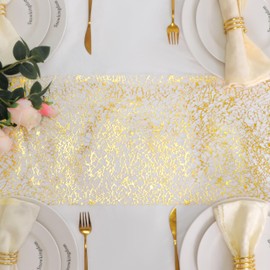 Snowkingdom 20Ft Gold Table Runner, Glitter Foil Metallic Thin Mesh Cracked Gold Runner for Table Centerpieces, Golden Decorations for Party Chair Sashes Wedding Birthday Graduation Christmas 240 Inch