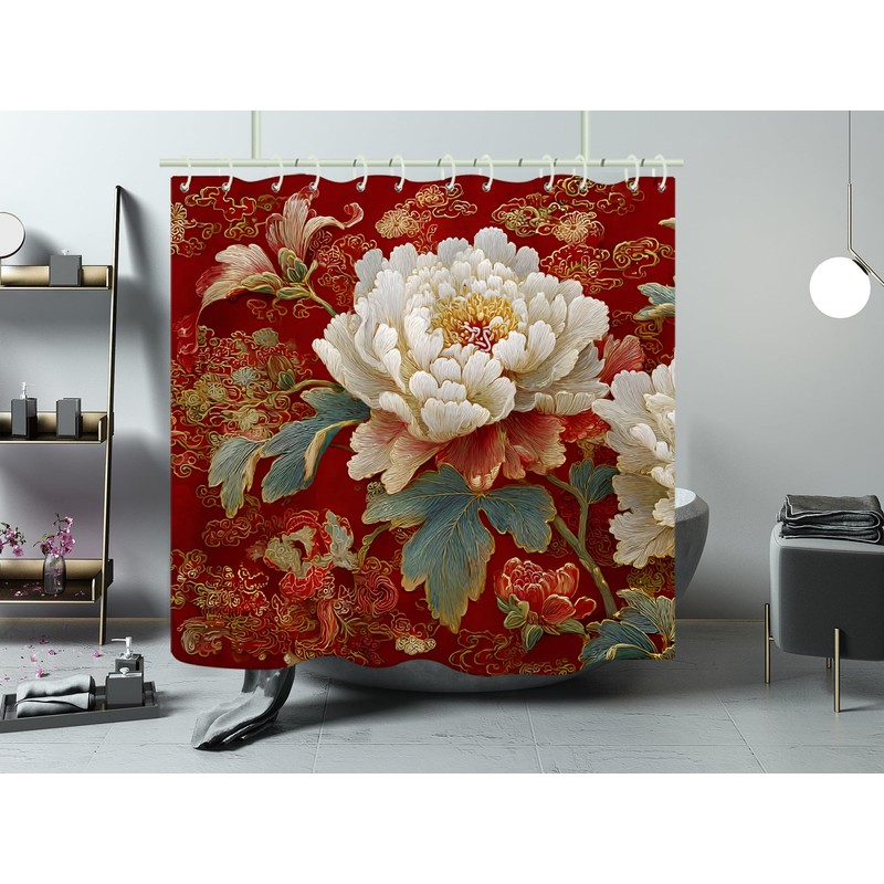 WODEJIA Red Peony Shower Curtain, Chinese Style Floral Embroidery Bathroom