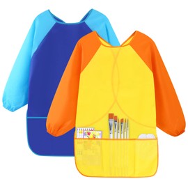 Vesaneae Pack of 2 Painting Aprons Children from 7 to 12 Years Girls/Boy, Waterproof Children's Painting Coat, Craft Apron Children with Sleeves and 3 Pockets for School Art Painting, Cooking (A)