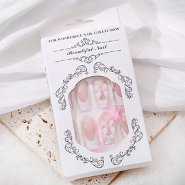 KTAABTR Pink French Tip Press on Nails Medium Square Fake Nails with Design Full Cover Acrylic Nails 3D Flower Butterfly Stick on Nails for Women 24Pcs French Nails Tip Decoration Set