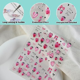 CESTSIREN Pink Strawberry Nail Stickers,Cute Silver Nail Decals, Self-Adhesive,Summer Spring Nail Accessories & Supplies, Durable & Long-Lasting