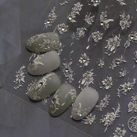 White Embossed Flower Nail Stickers 5D Floral Nail Decals Self-Adhesive Nail Design Stickers for Women DIY Manicure Decoration Supplies - 1 Sheet