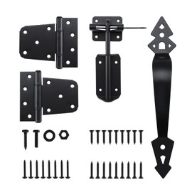 HOME MASTER HARDWARE Heavy Duty Gate Hardware Kit, with Adjustable Gate Latch, 3.5" T-Strap Gate Hinge, Decorative Gate Handle, Black Gate Hinge Kit for Wooden Fence, Barn, Farm and Garden