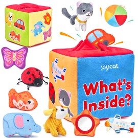 JoyCat Mystery Soft Box with 10 Sensory Objects, Rattle, Crinkle Paper, Mirror, Soft Busy Toys, Stuffed Animal Sensory Toys, Montessori Toys Gifts