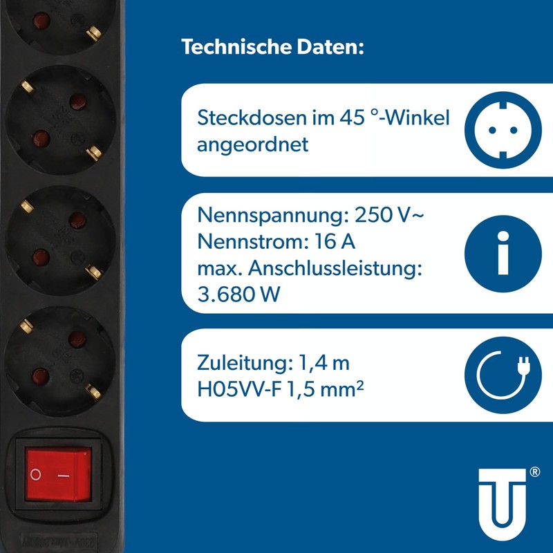 UNITEC H05VV-F 3G1.5 mm² Table Socket with Plug Switch, 6-Way,
