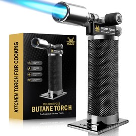 RAVS Butane Torch Lighter, Refillable Butane Kitchen Torch with Safety Lock and Adjustable Flame, Creme Brulee Torch for Baking, BBQ, Blow Torch for Cooking, Black, Butane Gas Not Included