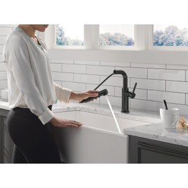 Delta Daneri Matte Black Kitchen Faucet with Pull-Out Sprayer, Modern Single Hole Kitchen Sink Faucet, Single Handle, Matte Black 16879-BL-DST