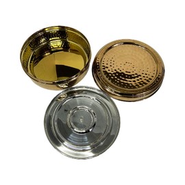Generic King International Stainless Steel Gold PVD Hammered Spice Box with Steel Lid and 7 Containers and 1 Spoon Spice Box Indian Masala Dabba with 7 Spice Containers, Spoon and Double Lid