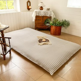 Tan Gingham Japanese Floor Mattress Futon Cover Full, Taupe Checked Plaid Japanese Tatami Mattress Cover,Grid Guest Sleeping Mat for Floor (Tan Gingham, Full)