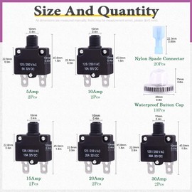 Swpeet 30Pcs 5 Sizes Thermal Circuit Breaker with Quick Connect Terminals and Waterproof Button Caps Assortment Kit, 5Amp 10Amp 15Amp 20Amp 30Amp with Waterproof Push Button for Switch Operation