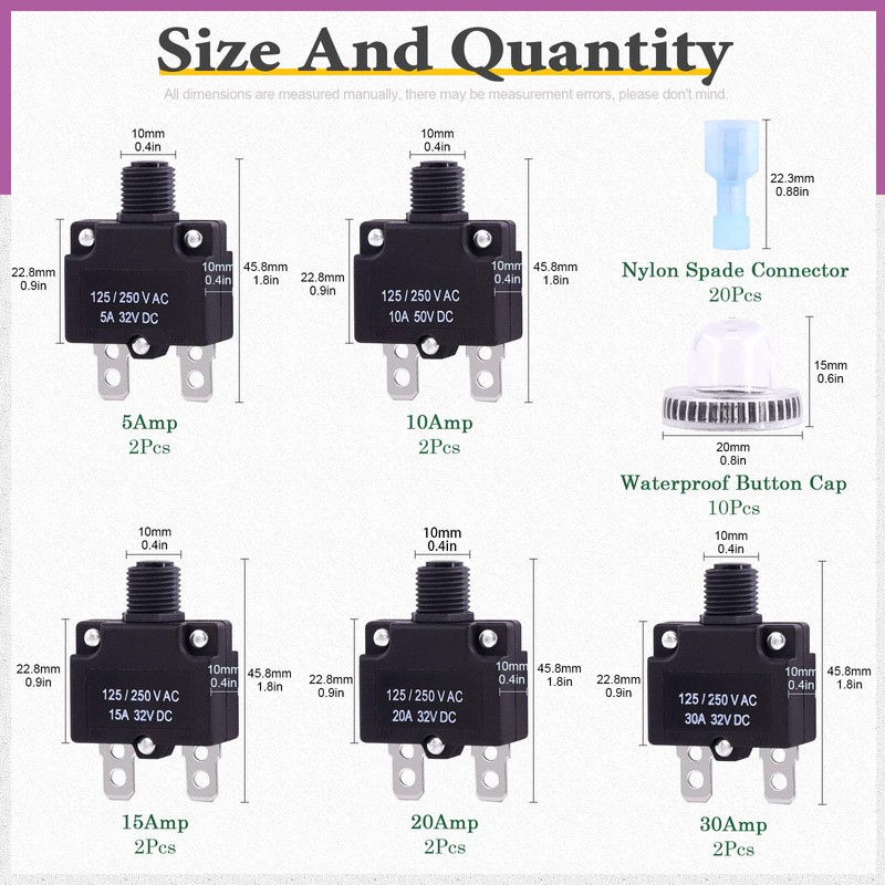 Swpeet 30Pcs 5 Sizes Thermal Circuit Breaker with Quick Connect