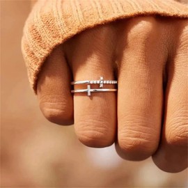 Rhinestone Cross Double Layered Ring for Women Crystal Stacking Cross Finger Rings Faith Promise Engagement Fashion Dainty Jewelry Gift Size 8 (Silvery Cross 8)