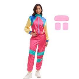 YTWS 80s Outfit for Women 4 Piece Set Track Suit Workout Vintage Costume for 80s 90s Themed Party(Pink,XL)