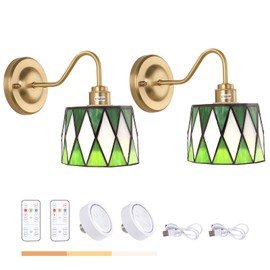 Shenmoyl Vintage Battery Operated Wall Sconce Set of 2 with Remote, Rechargeable Wall Lamp 3 Colors Dimmable, Brass Lights Fixture for Bedroom Bathroom Living Room Hallway Green Checker
