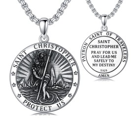 Seiyang St Christopher Medal for Men 925 Sterling Silver Round St Christopher Pendant Mens Double Sided Saint Christopher Medallion Necklace Protection Jewelry Religious Gifts for Men Women