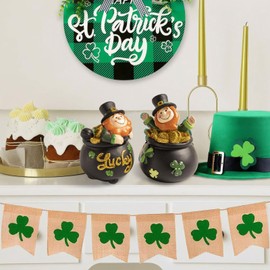 Bechivie St Patricks Day Decorations Leprechaun Figurine, Resin Saint Patrick's Pot of Gold Irish Gnome Small Statue, Indoor Table Centerpiece