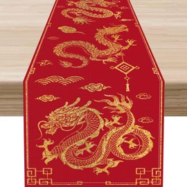 Camino de mesa de dragón chino, tradicional japonés del zodiaco del dragón, festival de primavera, estilo asiático, decoración de centro de mesa de oro rojo, para el hogar, cocina, comedor, patio,
