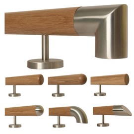 TIBU Oak Wooden Handrail Railing 0.3 m - 6 m, Length 30 cm, End Stainless Steel Corner and 2 Straight Holders