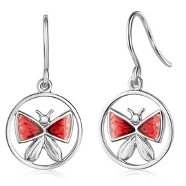 Materia #SO-13 925 Silver Earrings Butterfly Bicolour Enamel Earrings Red Round with Jewellery Box, Sterling Silver, No Gemstone