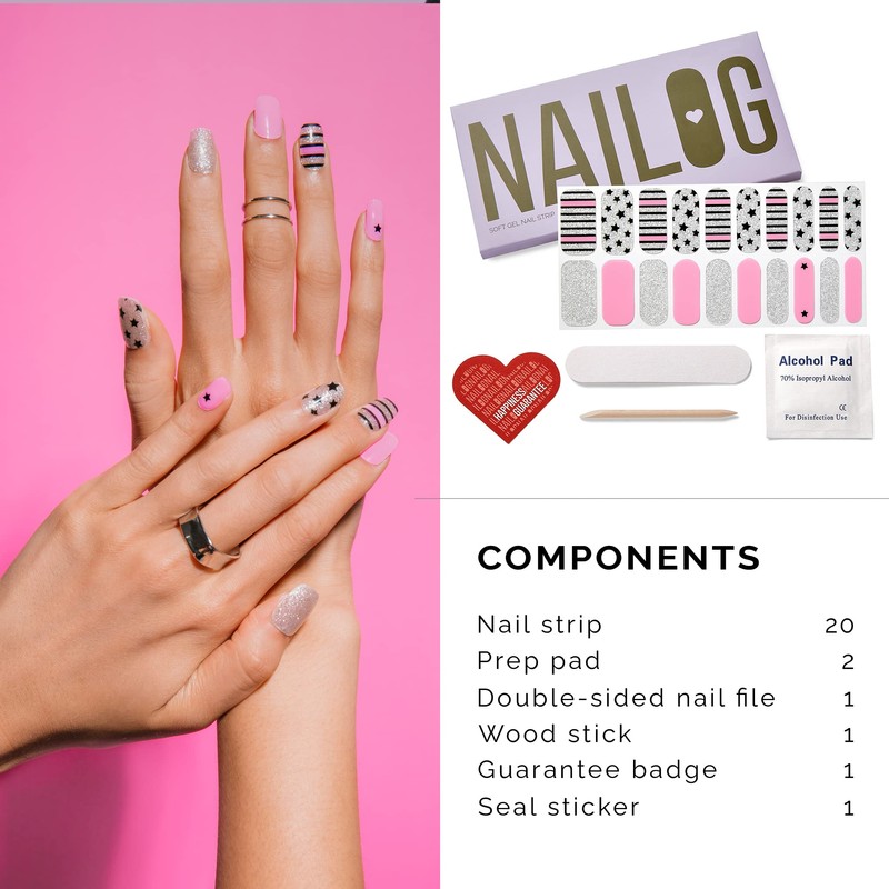 NAILOG Semi-Cured Gel Nail Strips, 20 Strips, Long Lasting, Salon-Quality,