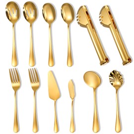 Ptwola 12PCS Gold Serving Spoons Utensils, Stainless Steel Flatware Cutlery with Serving Slotted Spoon Forks Soup Ladle Tongs Pie Server Butter Knife for Home Restaurant Buffet Catering Banquet Party