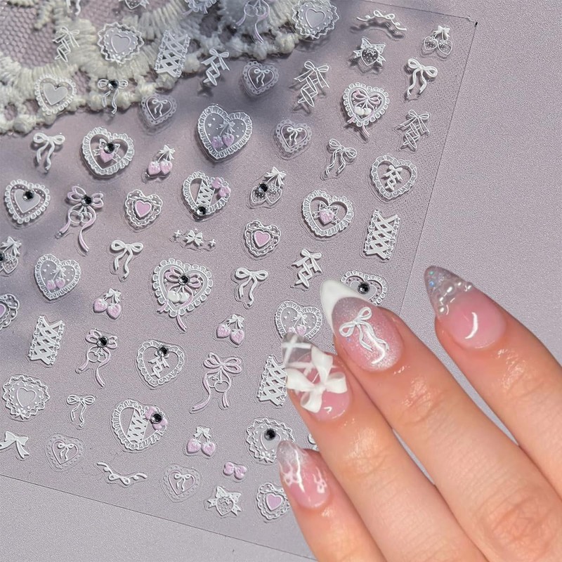 Bow Nail Art Stickers 5D Embossed Romantic Heart Nail Stickers