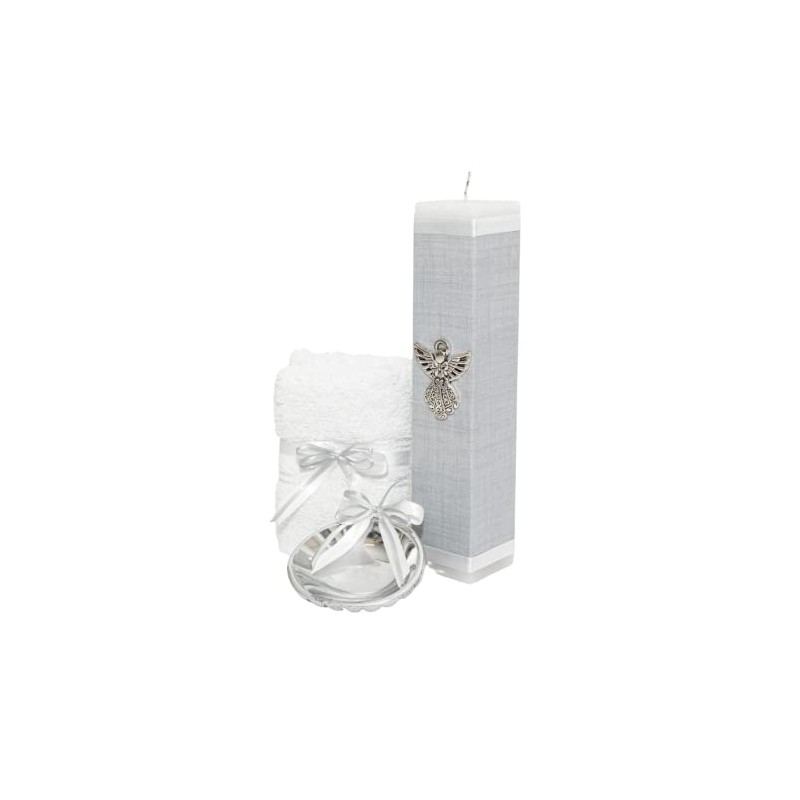 Kit de Bautizo Gris Con Cirio Vela Concha Pewter Toalla