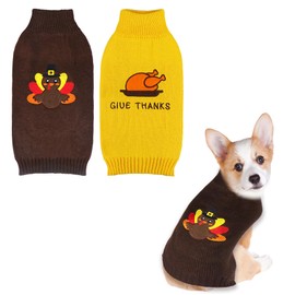 GOYOSWA 2 Pack Dog Thanksgiving Sweater, Knitted Thanksgiving Fall Dog Sweater Thanksgiving Dog Outfit Clothes Holiday Dog Sweaters for Small Medium Large Dogs Pets (Dark Brown & Yellow, Small)