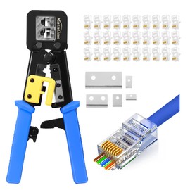 NataLink Pass Through RJ45 Crimp Tool Cat 6 Cat 5E Cat 5 Ethernet Crimper All-in-One RJ45 Crimping Tool with 30 Pcs Cat6 RJ45 Pass Thru Connector and Replacement Blade