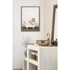 Kate and Laurel Sylvie Bengal Tiger in Rustic Bath Framed Canvas Wall Art by Amy Peterson Art Studio; 18x24 Gray; Modern Fun Decorative Bathtub Wall Art for Home Décor