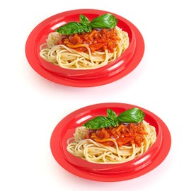 pekokavo Spill Proof 9.2" Scoop Plate with Non-Skid Suction Base, Adaptive Self-Feeding Dinnerware for Elderly Disabled, Pack of 2 (Red Plates)