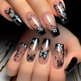 Unbranded 24pcs Ballet Press-On Nails, Medium Length, Glossy, Colorful Butterfly Design
