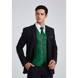 Enlision Men's Paisley Waistcoat Floral Patterned Necktie Pocket Square for Men Wedding Party Vest Suit Set Green 3XL
