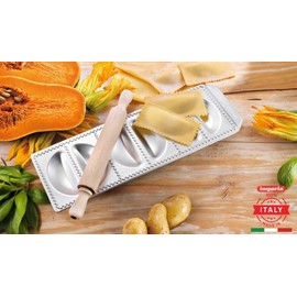 Imperia Raviolamp Classica line. Ravioli moulds. 100% made in Italy. Accessories for pasta machines. Aluminium pasta cutter for fresh pasta. With rolling pin.