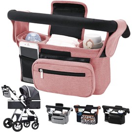 BLAZDEVE Baby Stroller Organizer with Insulated Cup Holder, Large Storage Space Stroller Bag with Detachable Phone Bag and Shoulder Strap for Uppababy, for Baby Jogger, for Britax (Pink)