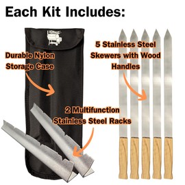 Stainless Steel Kebab Sword Grill Skewers, Holder Racks and Case Set - Great for Shish Kabob Skewers for Grilling, BBQ Skewers, Kebobs, Churrasco, Picanha, Brazilian BBQ Sword Skewers, Roasting Sticks