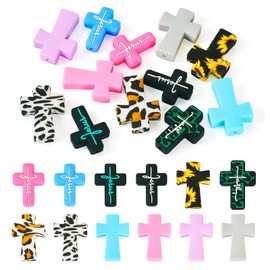 Beadthoven 12pcs Cross Silicone Focal Beads for Pens Leopard Printed Jesus Faith Cross Silicone Rubber Beads for Keychain Beadable Pens Jewelry Bracelets Making DIY Crafts