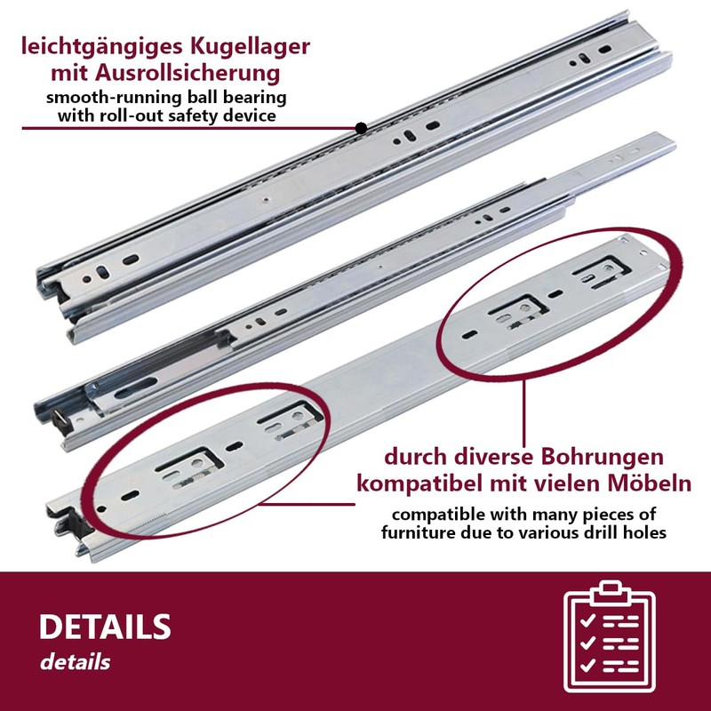 1 x Pair of Runners for Drawers – Smooth and