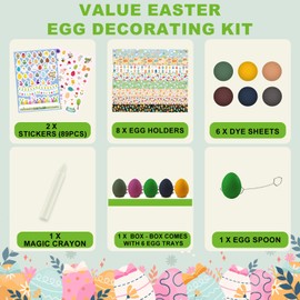Easter Egg Decorating Kit Variety Pack, 6 Colors Food Coloring Dye Tablets for Easter with 89 Stickers, 8 Egg Stands for Easter Theme Party, Creativity Activity, Easter Gift
