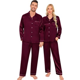 SWOMOG Couple Matching Pajama Set Women & Men Satin Pajamas Long Sleeve Sleepwear Button Down Loungewear 2 Pcs Pj Set(Men, Z- Deep Wine Red with classic collar, Small)