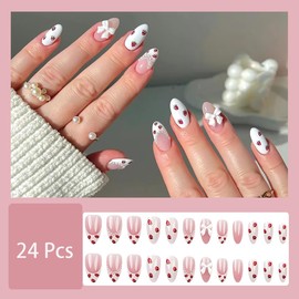 24 Pcs French Tip Press on Nails Short Almond Fake Nails with Charms Design Strawberry False Nails Bow Pearl Stick on Nails White French Nail Tips Full Cover Acrylic Nails for Women Girl