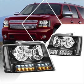 PM PERFORMOTOR LED DRL Headlights Assembly Compatible with Chevy Tahoe Suburban 07-14 | Headlamps with Black Housing Clear Corner