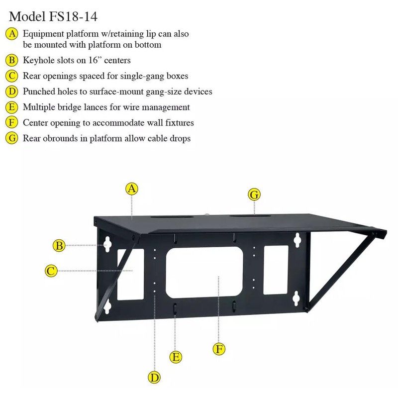 Lowell FS18-14 FS Series Hinged Wall Shelf, Black; 18"W x